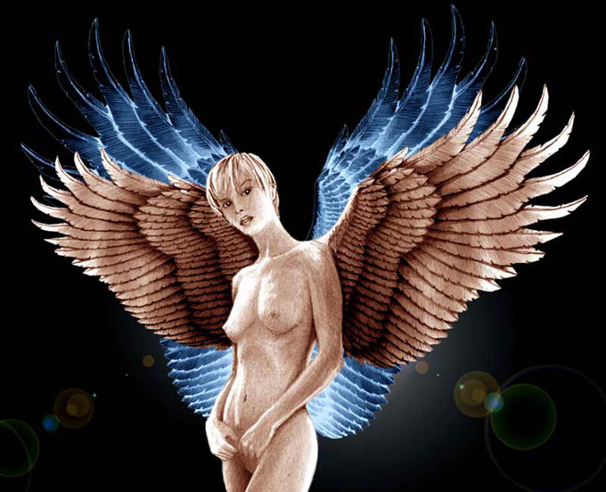 Naked blonde female angel drawing
