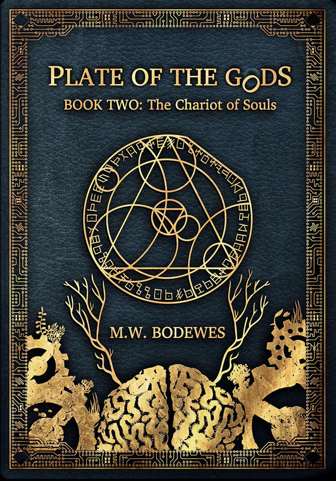 Faux Leather Bound Front Cover For Mark Bodewes' Chariot of Souls the sequel to Plate of the Gods