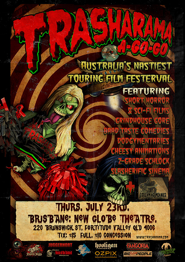 Trasharama agogo poster art A3 size featuring Sindee the undead chearleader, SpineGrrrl, and the Adamski FooFighter 