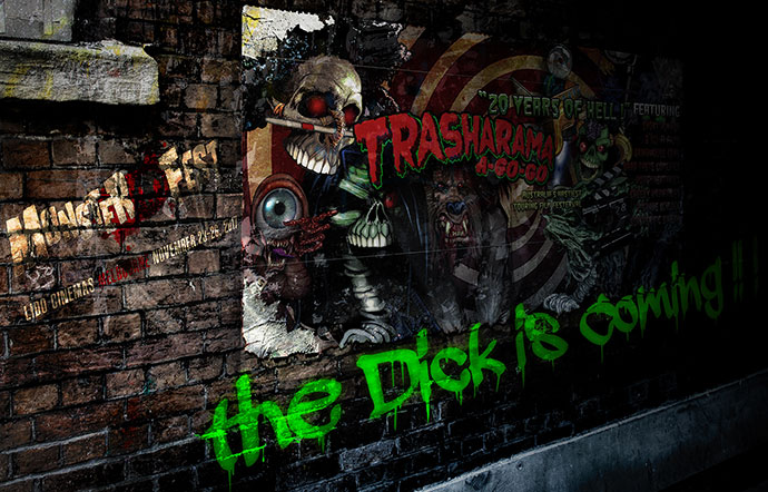Melbourne's Back alley jizz-stained posters advertising Dick Dale's Trasharama agogo as part of 2017's Monsterfest.