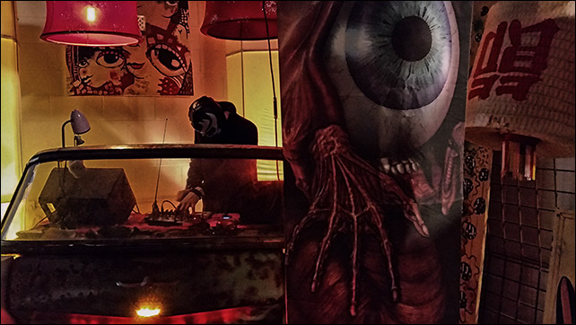 2016 Trasharama agogo short film festival ZombEye Banner bolted to one of the speakers blasting out Screaming Meanies giallo experimental horror avant garde  retro sound experience