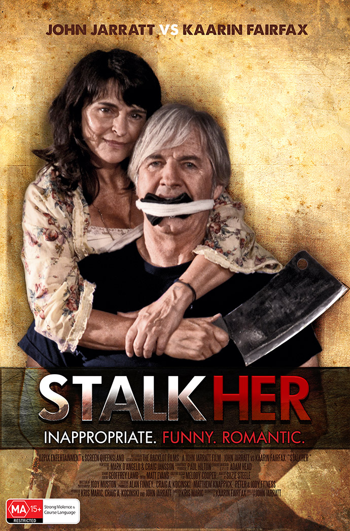 Provincial / Rural / slightly western look for John Jarratt's Stalkher (2014) film. Jarratt is bound and gagged while Kaarin Fairfax smiles beguilingly whilst clutching a Meat cleaver. Don't they make a cute couple?