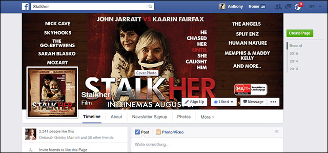 Facebook banner for feature film Stalkher starring John jarratt and Kaarin Fairfax --the Stalkher soundtrack features Nick Cave, the Angels, Skyhooks, the go-betweens, Sarah Blasko, Amadeus Mozart, Split Enz, Human Nature, Memphis and Maddy Kelly