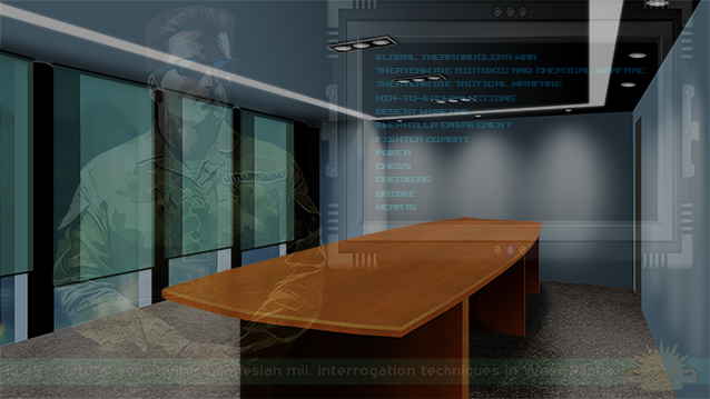 Architectural illustration: internal boardroom as background for military lecture video series.