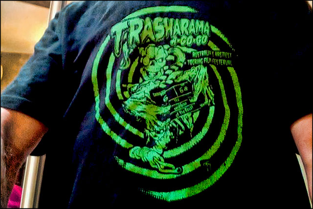 2018 single colour Trasharama film festival T-shirt featuring the 2nd assistant camera ghoul